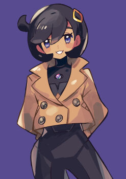 1girl anidler91 black_hair bodysuit dark-skinned_female dark_skin emma_(pokemon) jacket looking_at_viewer nintendo poke_ball pokemon pokemon_legends:_z-a purple_background short_hair teeth