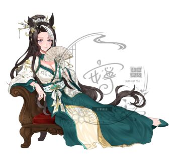 1girl animal_ears blue_dress blush bracelet breasts chinese_clothes cleavage closed_mouth commentary_request dress folding_fan gloves hair_bun hair_ornament hand_fan highres holding holding_fan horse_ears horse_girl horse_tail jewelry long_hair long_sleeves looking_at_viewer lying medium_breasts mejiro_ramonu_(umamusume) mole mole_under_eye multicolored_hair on_side purple_eyes shoes single_glove smile solo sparrow_ame streaked_hair tail umamusume white_dress white_gloves white_hair