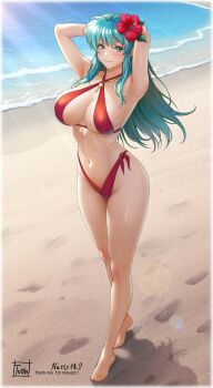 1girl absurdres alternate_costume aqua_hair armpits arms_behind_head arms_up bare_arms bare_shoulders beach bikini blue_eyes blue_hair blush breasts cleavage closed_mouth collarbone commentary_request eirika_(fire_emblem) fire_emblem fire_emblem:_the_sacred_stones flower full_body hair_flower hair_ornament highres jewelry large_breasts long_hair looking_at_viewer navel necklace nintendo ocean outdoors pendant red_bikini sideboob smile solo standing stomach swimsuit thighs tomo_eokaiteru underboob very_long_hair water