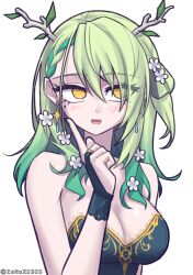 Rule 34 | 1girl, bare shoulders, ceres fauna, earrings, green hair, hololive, hololive english, index finger raised, jewelry, looking to the side, medium hair, solo, virtual youtuber, white background, yellow eyes, zenox5300