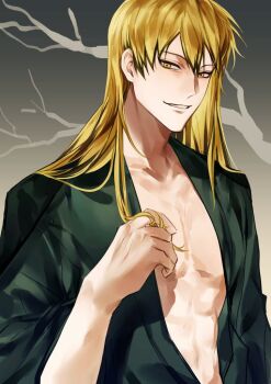 1boy alternate_hair_length alternate_hairstyle black_hair blonde_hair colored_tips hair_between_eyes jujutsu_kaisen long_hair looking_at_viewer male_focus multicolored_hair no_earrings no_piercings open_clothes short_hair solo streaked_hair two-tone_hair xingkon818 yellow_eyes zen&#039;in_naoya