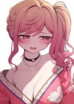 1girl absurdres akuame_(ring3922) breasts choker cleavage commentary_request floral_print floral_print_kimono frilled_kimono frills gradient_hair highres hololive hololive_dev_is ichijou_ririka ichijou_ririka_(new_year) japanese_clothes kimono large_breasts looking_to_the_side low_side_ponytail medium_hair multicolored_hair o-ring o-ring_choker official_alternate_costume orange_hair pink_hair pink_kimono print_kimono solo upper_body virtual_youtuber