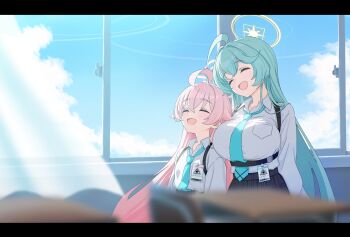 2girls ^_^ absurdres ahoge aqua_hair aqua_necktie black_skirt blue_archive blurry blurry_foreground breasts chair chest_harness classroom closed_eyes commentary_request depth_of_field desk fang hair_flaps halo harness highres hoshino_(blue_archive) huge_breasts id_card indoors long_hair multiple_girls necktie pink_hair school_chair school_desk school_uniform shirt shirt_tucked_in skin_fang skirt straight_hair u-ho_(uhokk00) very_long_hair white_shirt yume_(blue_archive)