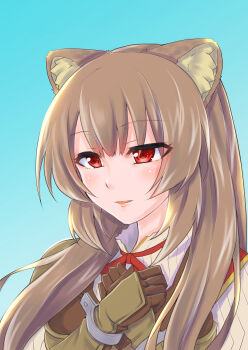 1girl animal_ear_fluff animal_ears armor blue_background blunt_bangs breastplate brown_armor brown_gloves brown_hair collared_dress commentary_request dress elbow_gloves gloves gradient_background hands_on_own_chest high_collar highres kuroki_akiba layered_dress leather_armor long_hair looking_ahead metal_wrist_cuffs neck_ribbon parted_lips pauldrons pinstripe_dress pinstripe_pattern raccoon_ears raccoon_girl raised_eyebrows raphtalia red_dress red_eyes red_ribbon ribbon shoulder_armor single_pauldron smile solo straight_hair tate_no_yuusha_no_nariagari white_dress