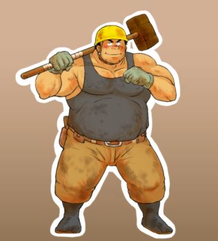 1boy artist_request bara beard_stubble belly black_tank_top blush construction_worker covered_erect_nipples dirty dirty_clothes dirty_face facial_hair fat fat_man full_body gloves hammer hard_hat helmet holding holding_hammer looking_at_viewer male_focus mature_male muscular muscular_male original outline pants pectoral_cleavage pectorals sanpaku short_hair sidepec smile solo standing strongman_waist stubble tank_top thick_eyebrows white_outline