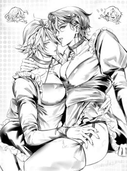 4boys alhaitham_(genshin_impact) animal_collar apron assisted_exposure aventurine_(honkai:_star_rail) banknote blush chibi chibi_inset clothes_lift collar covered_erect_nipples criss-cross_halter crossdressing crossdressing_(mtf) dr._ratio_(honkai:_star_rail) earrings frilled_apron frills garter_straps genshin_impact greyscale hair_ornament halterneck hand_on_another's_leg hand_on_another's_shoulder highres honkai:_star_rail honkai_(series) hug jewelry kaveh_(genshin_impact) leaf_hair_ornament lips maid male_focus male_maid marida21140 mihoyo money monochrome multiple_boys muscular muscular_male parted_lips pectorals puffy_male_chest short_hair skin_tight skindentation skirt skirt_lift thighhighs yaoi