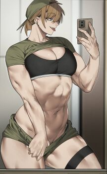 1girl abs backwards_hat baseball_cap biceps blonde_hair blue_eyes breasts crop_top gym hair_through_headwear hat highres holding holding_phone large_breasts looking_at_phone mirror mirror_selfie muscular muscular_female original pants phone reflection reflection_focus selfie short_hair shorts smile solo stomach tall_female thick_thighs thighs tomboy toned toned_female tongue tongue_out triceps undressing urec