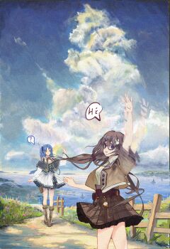 2girls ? afterimage arm_up blue_hair blue_sky boots brown_boots brown_hair brown_jacket brown_shirt cloud cloudy_sky commentary dark_skin dress english_text expressionless fence film_grain flower hair_ornament hair_scrunchie hairclip hand_up heavy_film_grain highres jacket long_hair long_sleeves looking_at_viewer looking_to_the_side low-tied_long_hair mavv miniskirt multicolored_dress multiple_girls ocean open_clothes open_jacket open_mouth original parallel_hairclips parted_lips path rabbit_hair_ornament road scenery scrunchie shirt short_sleeves skirt sky smile speech_bubble spoken_question_mark standing symbol-only_commentary variant_set very_long_hair waving white_dress wooden_fence