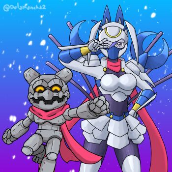 Rule 34 | absurdres, armor, closed eyes, crescent moon, delamancha2, dianamon, digimon, digimon (creature), gottsumon, highres, mask, moon, one eye closed, open mouth, purple hair, scarf, smile, v, wink