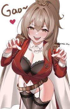 1girl artist_name ascot azur_lane belt black_bra black_thighhighs blush bra breasts brown_hair buttons cape center_opening claw_pose cleavage commentary crossed_bangs epaulettes fangs gao garter_belt hair_between_eyes hair_intakes hands_up heart highleg highres jacket lace lace-trimmed_bra lace_trim large_breasts lion_(azur_lane) long_hair long_sleeves looking_at_viewer loose_belt open_mouth red_cape red_jacket revision sidelocks simple_background smile solo standing thigh_strap thighhighs two-sided_cape two-sided_fabric underwear very_long_hair white_ascot white_background wynnblue yellow_eyes