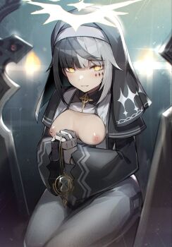 1girl absurdres black_hair borrowed_character breasts breasts_out capelet closed_mouth collared_dress commission diffraction_spikes dress glint grey_hair habit halo highres jewelry kagerou_(gigayasoma) long_sleeves looking_at_viewer mechanical_arms multicolored_hair necklace nipples nun original own_hands_clasped own_hands_together parted_lips second-party_source skeb_commission small_breasts smile solo stole two-tone_hair violet_(ac8231) yellow_eyes