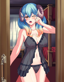 1girl babydoll bed black_panties blonde_hair blush breasts brown_eyes bunk_bed collarbone cowboy_shot curtains demon_horns doorway female_focus frilled_panties frills green_hair hair_between_eyes head_tilt highres horns indoors kanabuso lapis_(sennen_sensou_aigis) large_breasts long_hair looking_at_viewer multicolored_hair navel nipples open_door open_mouth panties rubbing_eyes see-through_clothes sennen_sensou_aigis solo tears two-tone_hair underwear window