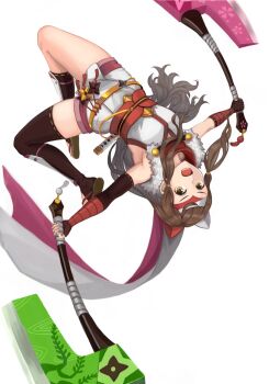 Rule 34 | 1girl, asymmetrical legwear, axe, battle axe, brown eyes, brown hair, fingerless gloves, fire emblem, fire emblem fates, fire emblem heroes, gloves, hana (fire emblem), hana (ninja) (fire emblem), headband, highres, japanese clothes, long hair, looking at viewer, mask on shoulder, ninja, nintendo, official alternate costume, open mouth, shin guards, shuriken, solo, tokisake masoho, uneven legwear, weapon