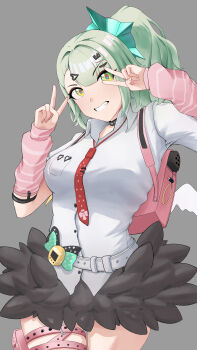 Rule 34 | 1girl, absurdres, arm warmers, backpack, bag, belt, black choker, black skirt, breasts, chinese commentary, choker, commentary request, cowboy shot, double v, green eyes, green hair, grey background, hair ornament, hairclip, hands up, highres, looking at viewer, necktie, red necktie, shirt, simple background, skirt, small breasts, solo, standing, sunna (zenless zone zero), v, white belt, white shirt, yujuanxia, zenless zone zero