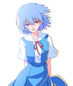 1girl arms_behind_back averting_eyes ayanami_rei blue_hair blue_skirt blush bow bowtie breasts bright_pupils collarbone collared_shirt commentary cowboy_shot eyelashes floating_hair head_tilt light_blush looking_to_the_side lower_teeth_only medium_breasts neck_ribbon neon_genesis_evangelion parted_lips red_bow red_bowtie red_eyes red_ribbon ribbon sashimi_(sasihmi) school_uniform shirt short_hair short_sleeves simple_background skirt smile solo standing suspender_skirt suspenders teeth tokyo-3_middle_school_uniform white_background white_pupils white_shirt wind