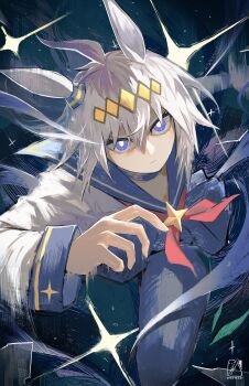 1girl absurdres ahoge animal_ears blue_eyes blue_pantyhose blue_sailor_collar blue_skirt closed_mouth drowzzi ear_ornament grey_hair grey_tail hair_between_eyes hair_ornament hairband highres horse_ears horse_girl horse_tail jacket long_hair long_sleeves looking_at_viewer multicolored_hair neckerchief oguri_cap_(starlight_beat)_(umamusume) oguri_cap_(umamusume) pantyhose red_neckerchief running sailor_collar shirt skirt solo star_(symbol) tail umamusume umamusume:_cinderella_gray white_jacket white_shirt