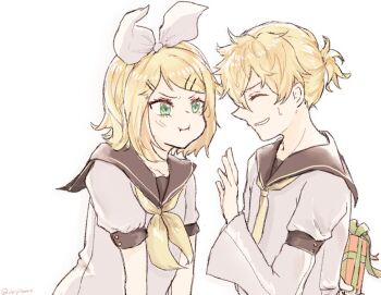 >:( 1boy 1girl :t angry annoyed apologizing blonde_hair bow box brother_and_sister closed_eyes face-to-face frown gift gift_box green_eyes grin hair_bow hair_ornament hairclip holding holding_behind_back holding_gift incoming_gift kagamine_len kagamine_rin long_hair nervous_smile ponytail pout puffy_cheeks sailor_collar school_uniform short_hair short_ponytail short_sleeves siblings sketch smile sweatdrop tamutamun twins v-shaped_eyebrows vocaloid
