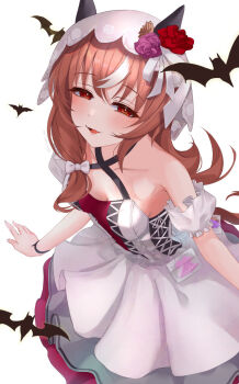 Rule 34 | 1girl, animal ears, bare shoulders, blush, brown hair, detached sleeves, dress, highres, horse ears, horse girl, horse tail, long hair, looking at viewer, open mouth, red eyes, smile, solo, still in love (umamusume), tail, takmi, umamusume, veil, white dress, white veil