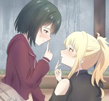 2girls bare_shoulders black_hair black_shirt blonde_hair caricariume clothing_cutout commentary_request eye_contact finger_to_mouth highres indoors long_sleeves looking_at_another love_live! love_live!_nijigasaki_high_school_idol_club love_live!_nijigasaki_high_school_idol_club_the_movie_-_finale medium_hair mifune_shioriko miyashita_ai multiple_girls orange_eyes parted_lips ponytail profile rain red_shirt shirt short_hair shoulder_cutout shushing upper_body window yuri