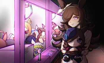 1girl absurdres animal_ears bow_hairband brown_hair closed_mouth commentary doll english_commentary gloves hair_over_one_eye hairband highres holding holding_doll horse_ears horse_girl jacket long_hair narita_top_road_(umamusume) ngmq oguri_cap_(umamusume) purple_eyes rice_shower_(umamusume) smile solo special_week_(umamusume) umamusume white_gloves white_hairband white_jacket
