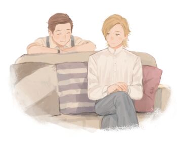 2boys blonde_hair brown_hair closed_eyes closed_mouth collared_shirt commentary_request couch crossed_legs dion_lesage final_fantasy final_fantasy_xvi grey_pants j2_path light_smile male_focus multiple_boys pants pillow shirt short_hair sitting sleeves_rolled_up smile suspenders swept_bangs terrence_(ff16) upper_body white_background white_shirt yellow_eyes