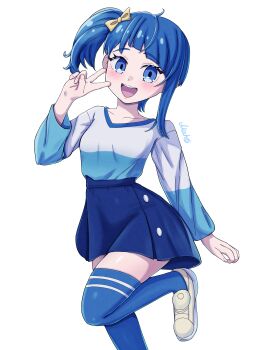 Rule 34 | 1girl, absurdres, blue eyes, blue hair, blue thighhighs, blush, bow, bowtie, casual, commentary request, highres, hirogaru sky! precure, long hair, maho (corotonton5150), open mouth, precure, skirt, smile, sora harewataru, thighhighs, v, yellow bow, yellow bowtie