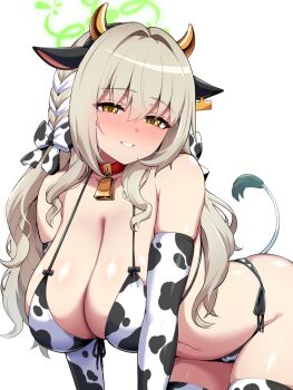 1girl animal_ear_hairband animal_ears animal_print bare_shoulders bell bikini blue_archive blush braid breasts cleavage commentary_request cow_ear_hairband cow_ears cow_horns cow_print cow_print_bikini cow_print_gloves cow_print_thighhighs cowbell ear_tag elbow_gloves fake_animal_ears fake_horns front-tie_bikini_top front-tie_top gloves green_halo grey_hair hair_ribbon hairband halo highres horns kanno_takanori large_breasts long_hair looking_at_viewer miyo_(blue_archive) neck_bell print_bikini print_gloves print_thighhighs ribbon ribbon_braid side-tie_bikini_bottom simple_background solo string_bikini swimsuit thighhighs white_background yellow_eyes