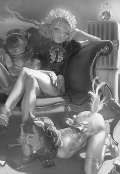 1=2 3girls age_difference animal_ears bdsm blindfold blunt_bangs blush bobby_socks bondage bone bound bow bowl butt_plug collar couch crossed_legs fake_animal_ears fake_tail female_focus femdom flat_chest foot_worship frills gag gagged gloves hairband high_heels holding_another's_arm kodomo_doushi latex leaning leash leotard licking licking_foot licking_shoes loli looking_at_viewer maid maid_headdress monochrome multiple_girls on_couch pet_bowl pet_play pussy restrained sex_toy shoes signature sitting socks tail thighhighs twintails yuri