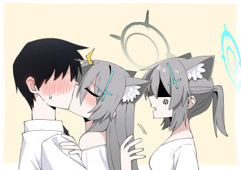 1boy 1girl absurdres anger_vein animal_ear_fluff animal_ears b.t._(boob_tong) black_hair black_halo blue_archive blue_halo blush broken_halo cross cross_hair_ornament dark_halo extra_ears faceless faceless_male from_below grey_hair hair_ornament halo highres inverted_cross kiss looking_at_another medium_hair no_eyes partially_shaded_face ponytail sandwiched sensei_(blue_archive) shiroko_(blue_archive) shiroko_terror_(blue_archive) short_ponytail upper_body wolf_ears wolf_girl