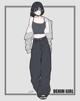 1girl bambi_surprise black_eyes black_hair black_pants black_tank_top breasts closed_mouth commentary english_commentary full_body grey_jacket highres jacket jacket_partially_removed looking_at_viewer medium_breasts medium_hair midriff navel original pants signature single_bare_shoulder smile solo standing tank_top