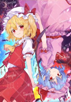 2girls ascot bat_(animal) bat_wings blonde_hair blue_hair blush bow closed_mouth collared_shirt commentary_request crystal crystal_wings fang fang_out flandre_scarlet frilled_shirt_collar frills hat hat_bow hat_ribbon highres hoshi_tea_party looking_at_viewer mob_cap multicolored_wings multiple_girls one_side_up pink_hat pointy_ears puffy_short_sleeves puffy_sleeves red_ascot red_bow red_eyes red_skirt red_vest remilia_scarlet ribbon sample_watermark shirt short_sleeves siblings sisters skirt sleeve_bow smile touhou upside-down vest watermark white_hat white_shirt wings yellow_ascot