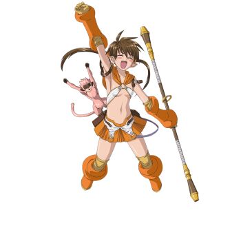 00s 1girl brown_eyes brown_hair elf flat_chest forest_keeper_nowa full_body highres hirata_katsuzou long_hair monkey nowa_(queen's_blade) nowa_(queen's_blade) official_art pointy_ears queen's_blade revealing_clothes ruu_(queen's_blade) simple_background skirt solo staff twintails