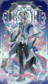 Rule 34 | 1boy, absurdres, arknights, bead bracelet, beads, belt, black belt, black pants, black shoes, bracelet, chinese clothes, closed mouth, coin, colored skin, dragon boy, dragon tail, earrings, fengjian yuzhi, finger to mouth, full body, green skin, hair between eyes, highres, holding, holding weapon, horns, incredibly absurdres, jewelry, lattice, long hair, long sleeves, looking at viewer, male focus, multicolored hair, pants, pointy ears, red eyes, shirt, shoes, sidelocks, smile, solo, standing, tail, tassel, tassel earrings, two-tone hair, very long hair, weapon, white hair, wide sleeves, window, yi (arknights)