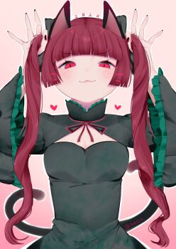 1girl :3 animal_ears blunt_bangs breasts cat_ears cat_girl cat_tail cleavage closed_mouth commentary_request dress frilled_sleeves frills green_dress heart holding holding_own_hair ilvsn6_6 kaenbyou_rin long_hair long_sleeves looking_at_viewer multiple_tails nail_polish puffy_sleeves red_eyes red_hair red_nails slit_pupils smile solo tail touhou twintails twitter_username two_tails upper_body
