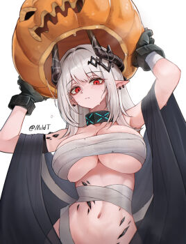 1girl arknights arms_up bandaged_chest bandages black_gloves black_horns blush breasts closed_mouth demon_girl demon_horns earrings from_below gloves highres horns infection_monitor_(arknights) jewelry large_breasts looking_at_viewer material_growth mildt mudrock_(arknights) naked_bandage navel oripathy_lesion_(arknights) pointy_ears pumpkin_mask red_eyes simple_background solo stomach sweat upper_body white_background