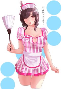 1girl alternate_costume apron black_hair breasts cleavage cleavage_cutout clothing_cutout commentary_request cowboy_shot cropped_legs dress duster enmaided feather_duster headgear heart_cutout highres jouzaburou_(joe3) kantai_collection large_breasts maid maid_headdress one_eye_closed pink_dress red_eyes short_dress short_hair solo translation_request white_apron yamashiro_(kancolle)