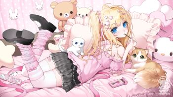 1girl bandaid bare_shoulders black_skirt blonde_hair blue_eyes blush cat cellphone commission food frilled_pillow frills hair_ornament hair_ribbon hairclip heart highres holding leg_warmers long_hair looking_at_viewer lying off-shoulder_shirt off_shoulder on_bed on_stomach original phone pillow pink_ribbon pink_shirt plaid_clothes plaid_skirt pleated_skirt pocky puffy_short_sleeves puffy_sleeves ribbon shianebulae shirt shoes short_sleeves skirt socks solo striped_clothes striped_thighhighs stuffed_animal stuffed_cat stuffed_toy teddy_bear thighhighs twintails x_hair_ornament