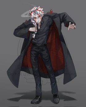 1boy alternate_costume belt belt_buckle black_coat black_nails black_pants black_shirt black_shoes braid buckle cigarette coat collared_shirt commission dandadan dressing full_body glasses grey_background highres long_hair long_sleeves male_focus mixed-language_commentary mouth_hold multicolored_hair pants red_eyes red_hair round_eyewear shirt shoes short_hair single_braid solo standing takakura_ken_(dandadan) takakura_ken_(transformed)_(dandadan) transformation two-tone_hair white_hair wolf6481