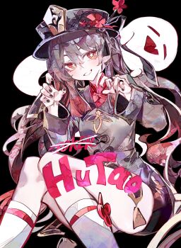 1girl absurdres black_background black_hat black_nails black_shorts boo_tao_(genshin_impact) brown_hair chinese_clothes cocoballking commentary english_commentary flower flower-shaped_pupils genshin_impact ghost ghost_pose hat hat_flower hat_tassel highres hu_tao_(genshin_impact) jewelry looking_at_viewer multiple_rings parted_lips plum_blossoms porkpie_hat ring shorts simple_background smile socks solo symbol-shaped_pupils thighhighs twintails white_socks