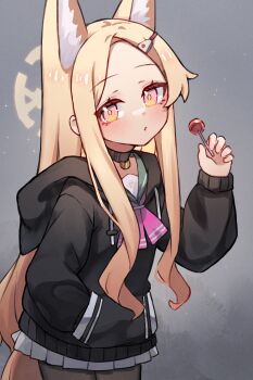 1girl animal_ear_fluff animal_ears black_choker black_hoodie black_pantyhose blonde_hair blue_archive candy choker cosplay cowboy_shot food fox_ears fox_girl fox_tail green_sailor_collar grey_background halo hand_in_pocket highres holding holding_candy holding_food holding_lollipop hood hood_down hoodie kazusa_(blue_archive) kazusa_(blue_archive)_(cosplay) lollipop long_hair long_sleeves looking_at_viewer miniskirt miya_(miyaruta) open_mouth pantyhose pink_eyes pleated_skirt puffy_long_sleeves puffy_sleeves sailor_collar seia_(blue_archive) simple_background skirt solo tail white_skirt yellow_halo