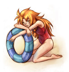 Rule 34 | 1girl, bandaid, bandaid on face, bandaid on nose, bare legs, bare shoulders, barefoot, bored, breasts, feet, fingernails, freckles, holding, holding swim ring, innertube, les chevaucheurs, maxa&#039;, messy hair, on floor, one-piece swimsuit, orange hair, phenice walholl, red one-piece swimsuit, refraction, shiny skin, simple background, sitting, small breasts, solo, swim ring, swimsuit, wariza, white background, yellow eyes