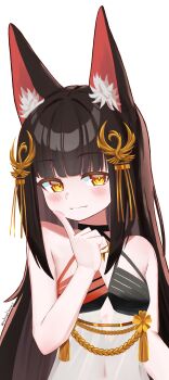 Rule 34 | 1girl, absurdres, animal ear fluff, animal ears, azur lane, black hair, blush, closed mouth, clothing cutout, commentary request, cutout above navel, dress, fox ears, hair ornament, halterneck, hand up, highres, index finger raised, long hair, looking at viewer, nagato (azur lane), nagato (meta) (azur lane), navel, nobreakfastpro, see-through clothes, see-through dress, simple background, smile, solo, twitter username, upper body, very long hair, white background, yellow eyes