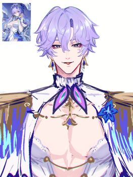 1boy blue_eyes cantarella_(wuthering_waves) chromatic_aberration commentary_request earrings epaulettes genderswap genderswap_(ftm) hair_between_eyes highres jewelry jhenny345 looking_at_viewer male_focus official_art_inset purple_hair short_hair shrug_(clothing) simple_background smile solo spanish_commentary toned toned_male tongue tongue_out upper_body white_background white_shrug wuthering_waves