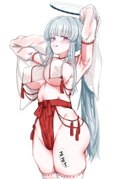 1girl absurdres armpits arms_up artist_request ass blue_archive blush breasts cleavage commentary_request detached_sleeves fundoshi grey_hair halo highres japanese_clothes long_hair looking_at_viewer miko noa_(blue_archive) purple_eyes revealing_clothes smile solo thighs tongue
