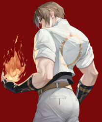 Rule 34 | 1boy, absurdres, alternate color, ass, belt, brown hair, fenglansishui, fingerless gloves, fire, from behind, gakuran, gloves, hand up, headband, highres, kusanagi kyou, looking at viewer, looking back, male focus, muscular, muscular male, official alternate color, pants, profile, pyrokinesis, red background, school uniform, short hair, short sleeves, solo, the king of fighters, veins, veiny arms