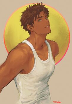 1boy alex_(stardew_valley) artist_name bare_shoulders brown_hair commentary dark-skinned_male dark_skin doiya_a english_commentary green_eyes highres looking_at_another looking_at_viewer male_focus short_hair solo stardew_valley sweat tank_top teeth upper_body white_tank_top