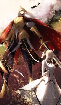 1girl 2girls absurdres ahoge armor artoria_pendragon_(fate) black_bow black_pantyhose blonde_hair bow breastplate breasts caliburn_(fate) cape commentary_request crown destiny123456 dress fate/grand_order fate_(series) fur_trim gauntlets gloves gold_armor green_eyes hair_bow high_heels highres holding holding_sword holding_weapon lord_logres_(fate) lord_logres_(first_ascension)_(fate) medium_breasts multiple_girls pantyhose red_cape saber_(fate) saber_lily skirt solo sword weapon white_dress white_gloves white_skirt