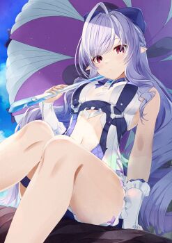 1girl absurdres armpit_crease bare_shoulders beach blush bow braid breasts clothing_cutout commentary_request drill_hair hair_between_eyes hair_bow highres holding holding_umbrella long_hair looking_at_viewer multicolored_hair navel official_alternate_costume one-piece_swimsuit pointy_ears purple_hair red_eyes solo stomach stomach_cutout swimsuit thigh_strap umbrella very_long_hair vivian_banshee vivian_banshee_(iris_of_the_shore) wet yuki-san_(wdtm_yuki) zenless_zone_zero