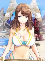 1girl 3d alternate_breast_size animated bare_shoulders blobcg blue_eyes bouncing_breasts breast_tattoo breasts brown_hair cleavage commentary english_commentary eunie_(xenoblade) head_wings large_breasts long_hair looking_at_viewer navel ocean official_alternate_costume smile solo sound swaying bouncing_breasts swimsuit tattoo video white_wings wings xenoblade_chronicles_(series) xenoblade_chronicles_3
