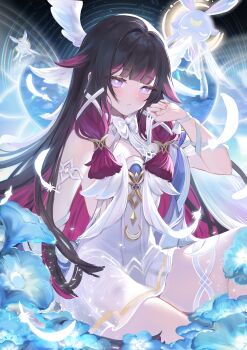 1girl absurdres angel_wings blue_flower blunt_bangs blush closed_mouth columbina_(genshin_impact) commentary_request dan_gan dress falling_feathers feathered_wings feathers flower genshin_impact gradient_hair hair_ribbon head_wings highres long_hair long_sidelocks looking_at_viewer luonnotar_(genshin_impact) multicolored_hair multiple_wings pink_eyes pink_hair ribbon sidelocks sitting very_long_hair white_dress white_feathers white_ribbon white_wings wings